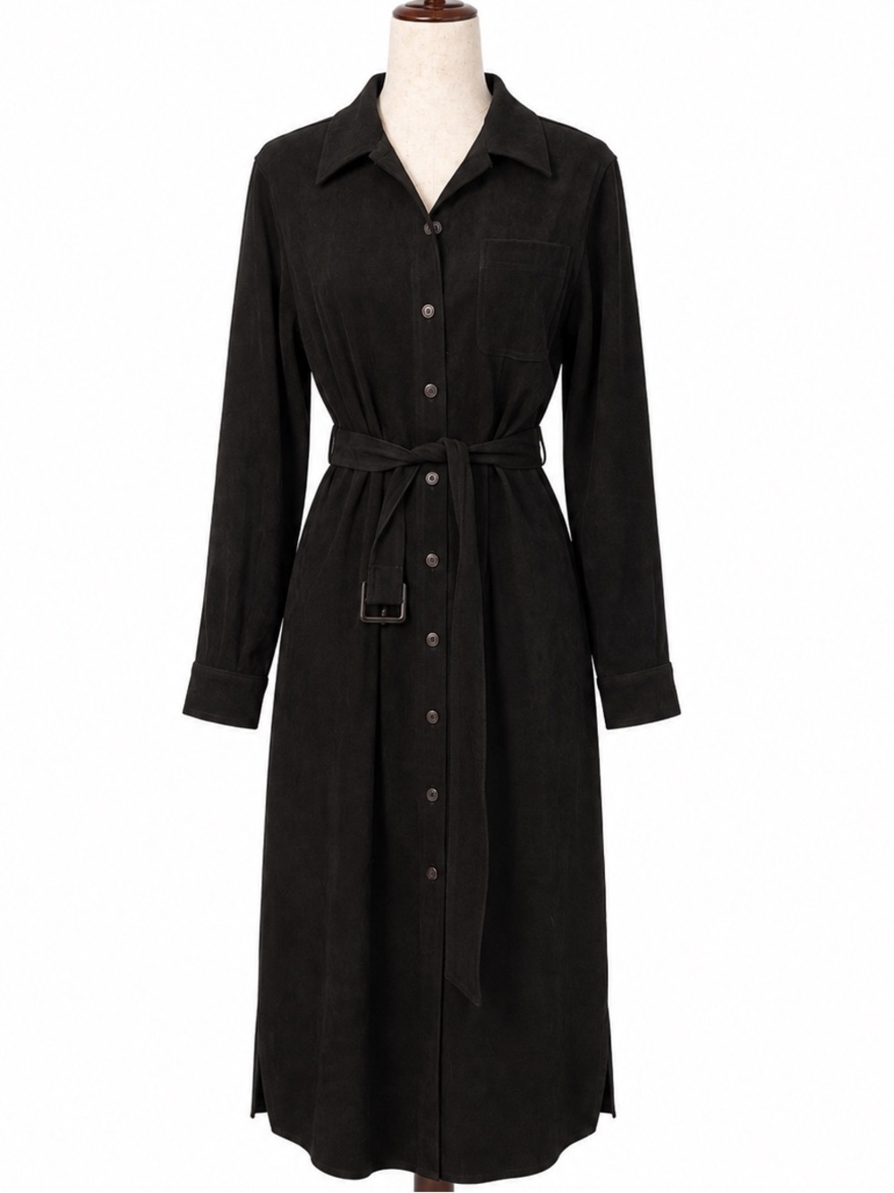 Talbots Classic Black Button-Front Shirt Dress with Tie Waist in ultrasuede. 8